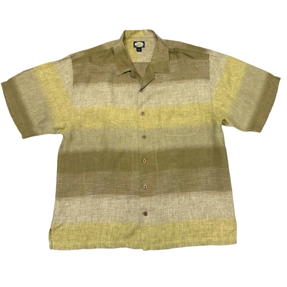 Tommy Bahama Mens XL 100% Linen Shirt Short Sleeve‎ Green Ombre Stripe Camp